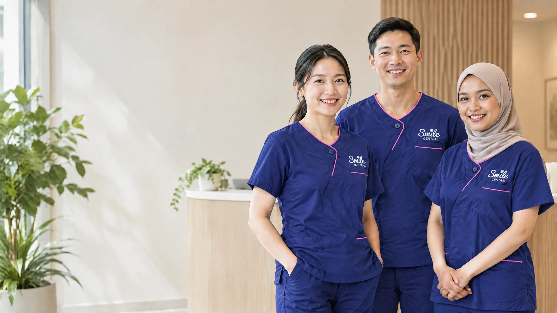 Dental team welcoming patients in a bright clinic reception