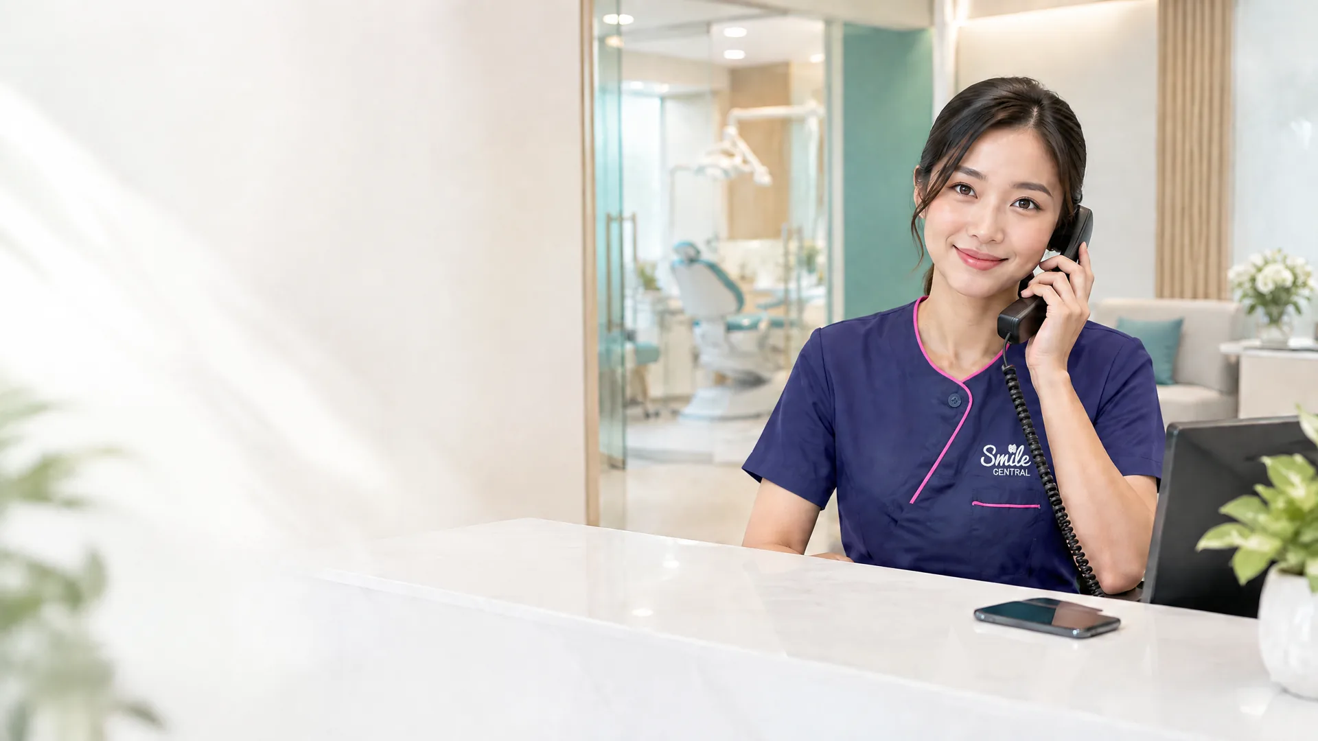Clinic coordinator answering a phone at the reception desk