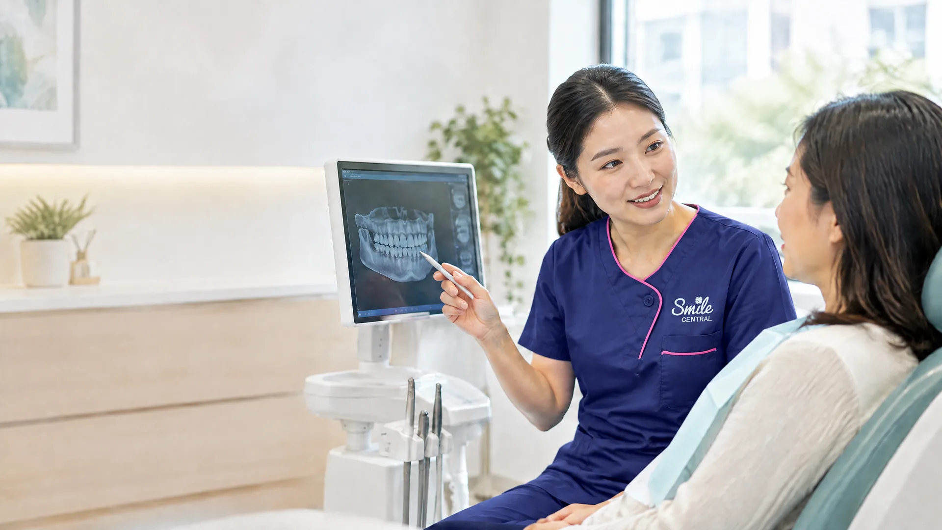 Dentist discussing a digital dental scan with a patient