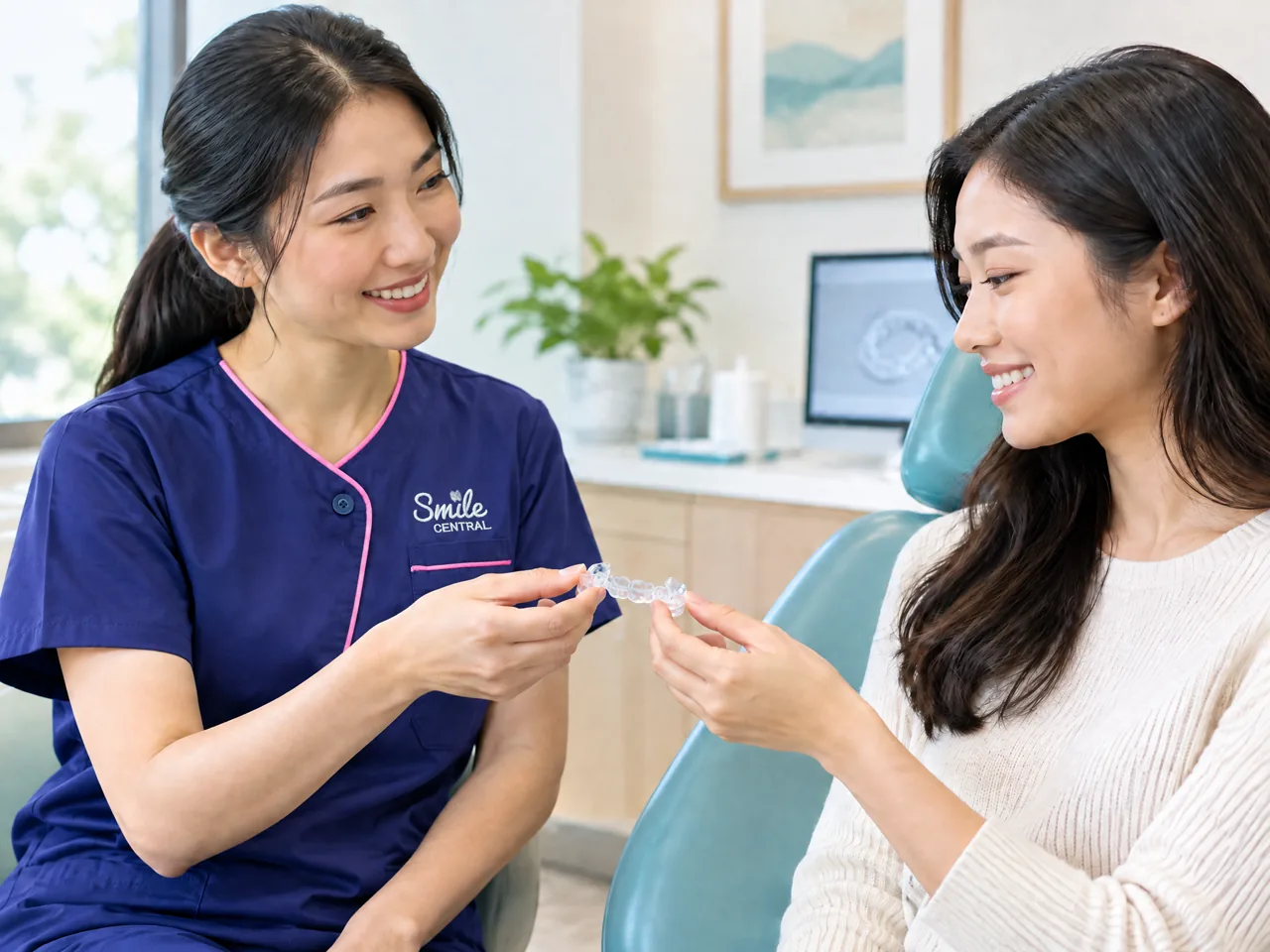 Clear aligners and fixed braces side by side