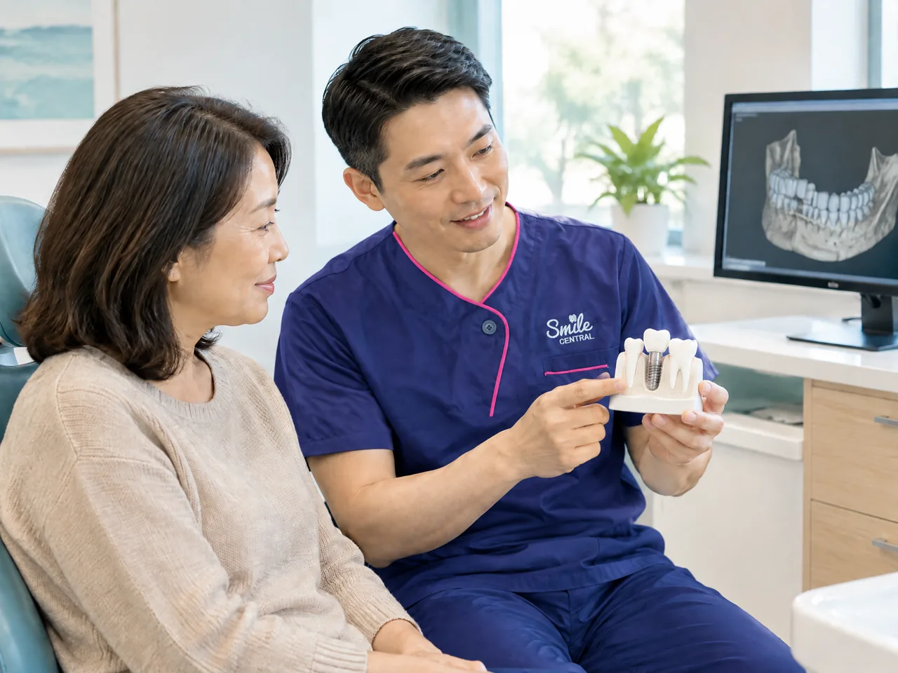 Dentist explaining a dental implant model to a patient
