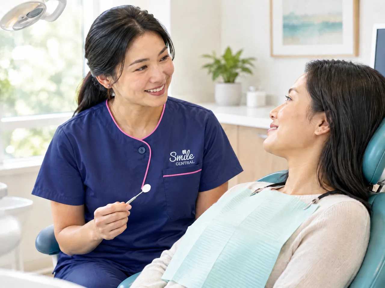 Dentist reassuring a patient before a routine check-up