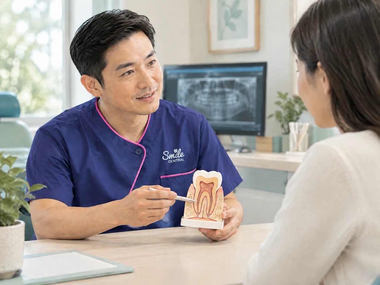 Dentist explaining a tooth model during a treatment consultation