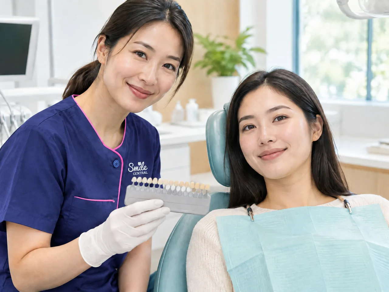 Dentist discussing tooth shade options with a patient